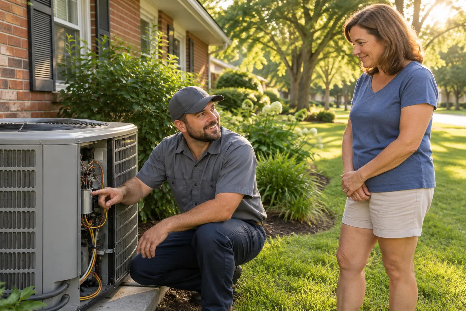 A friendly HVAC provider checking an outdoor air conditioner at a single-story brick home near DISH